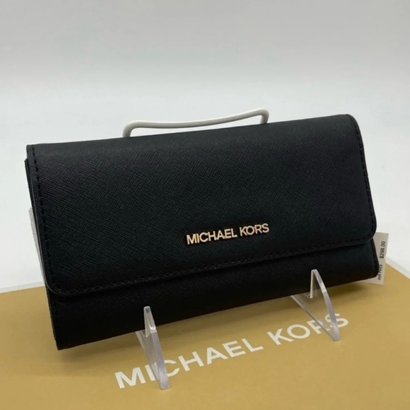 Michael Kors Large Trifold Wallet Black Leather Rich Black/Gold - Picture 1 of 8